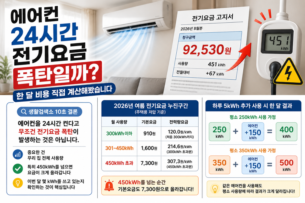 에어컨 사용 전후 월간 전력 사용량 250kWh와 350kWh 비교